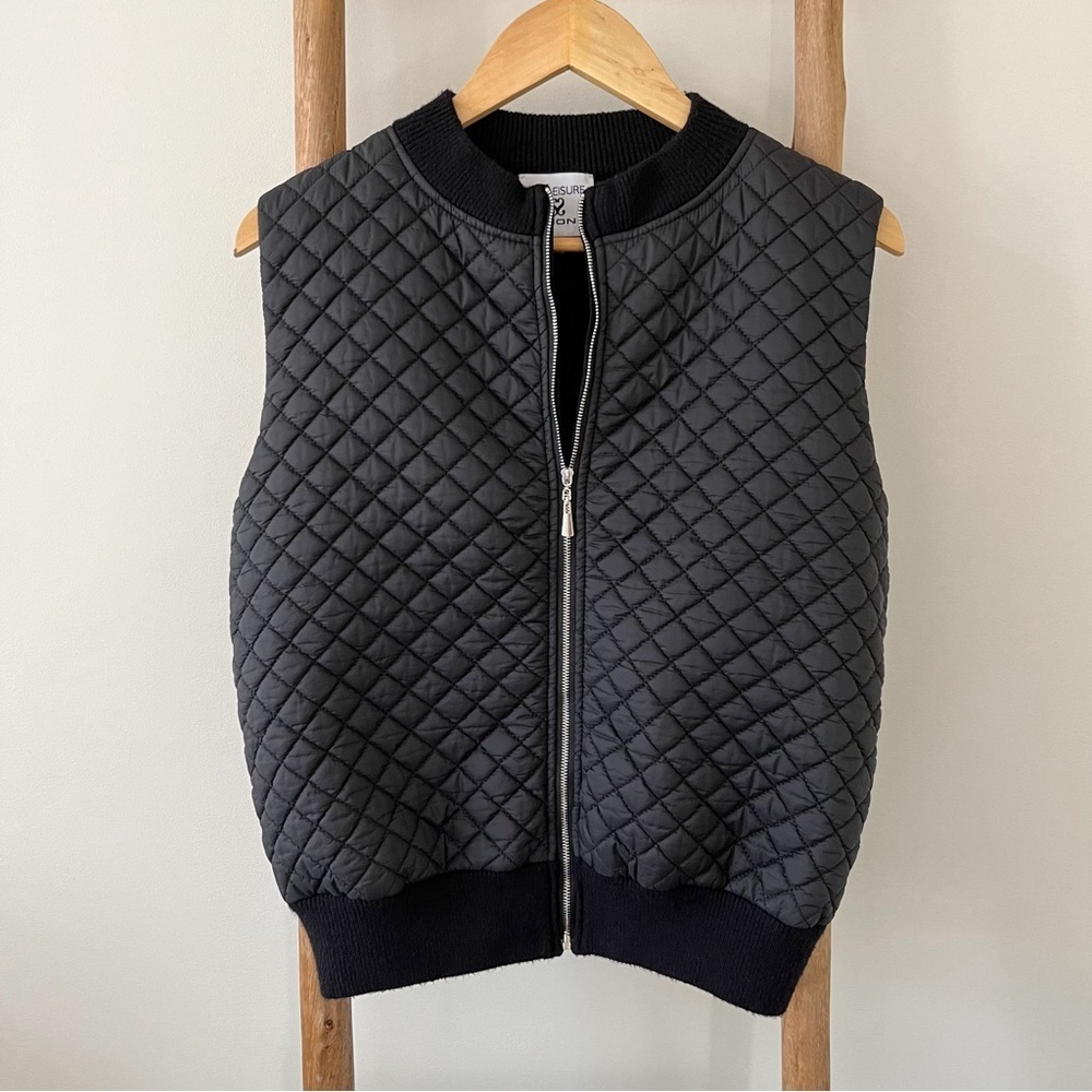 [sioni] athleisure quilted rib knit zip up vest black